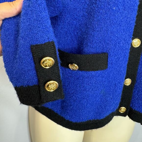 Talbots VGT 80's Wool Blend Royal Blue Black Gold Button Sweater Cardigan PM - Picture 4 of 10